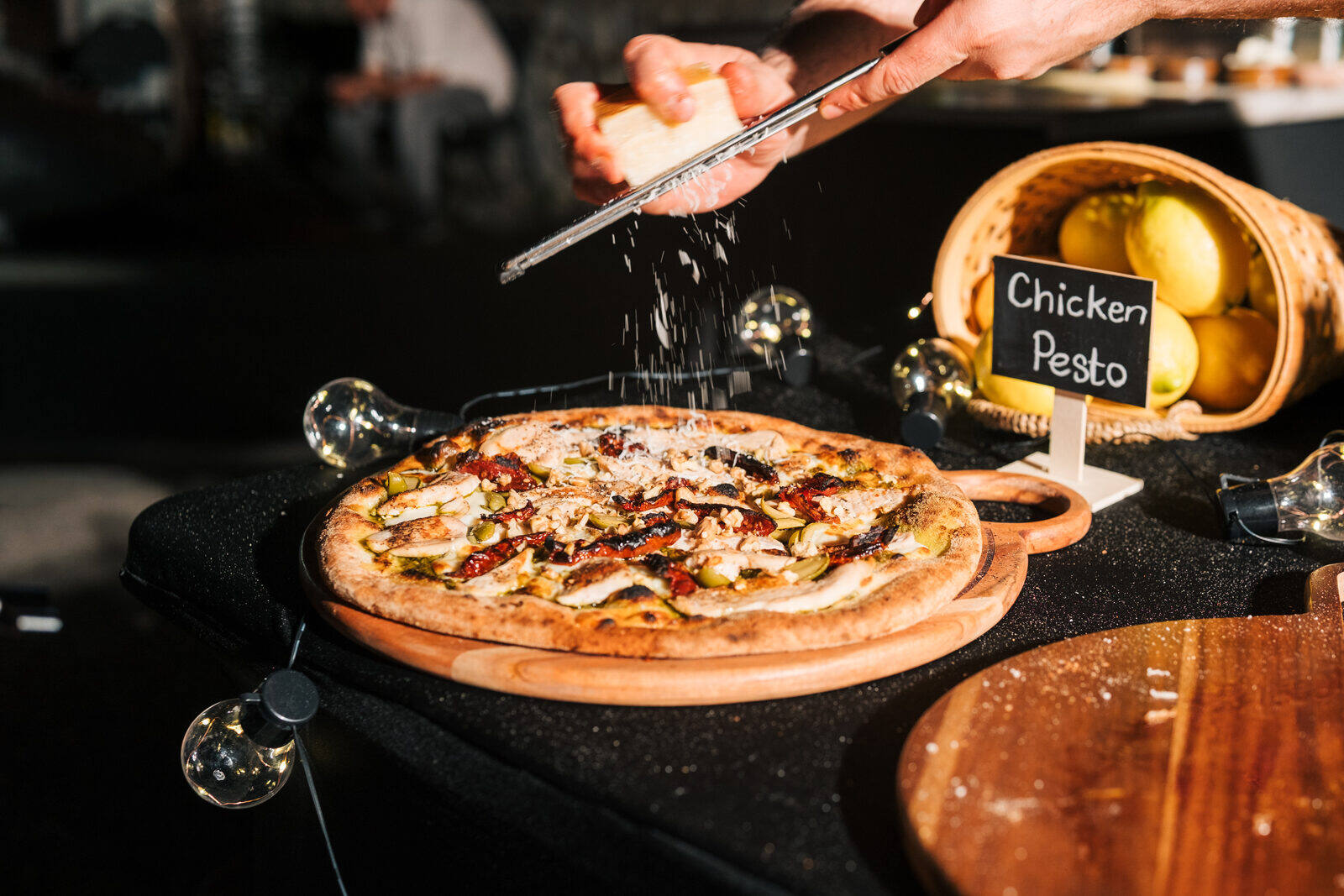 Close-up of pizza catering setup at a Metro Vancouver private event